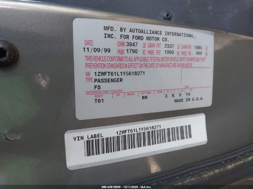 2000 Mercury Cougar V6 VIN: 1ZWFT61L1Y5618271 Lot: 43918009