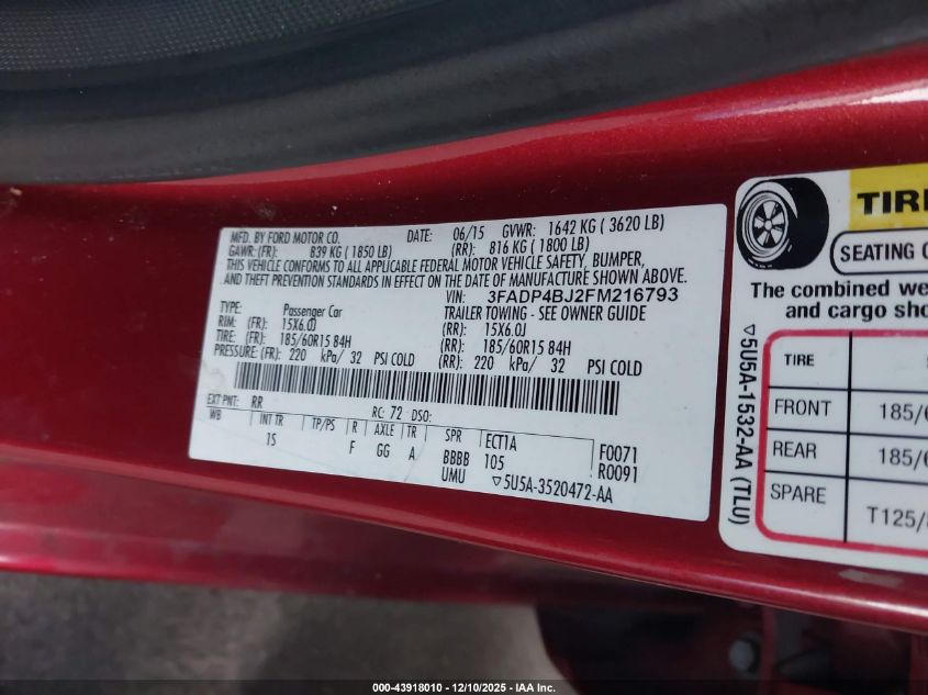 2015 Ford Fiesta Se VIN: 3FADP4BJ2FM216793 Lot: 43918010