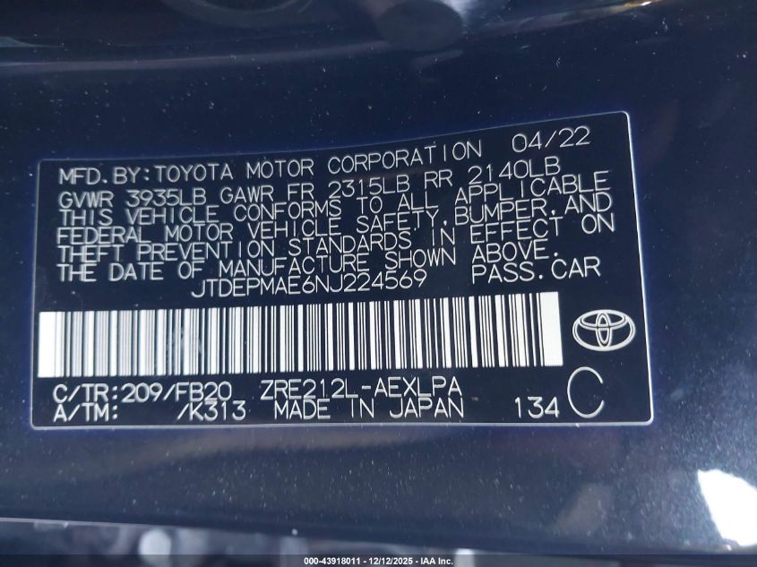 2022 Toyota Corolla Le VIN: JTDEPMAE6NJ224569 Lot: 43918011