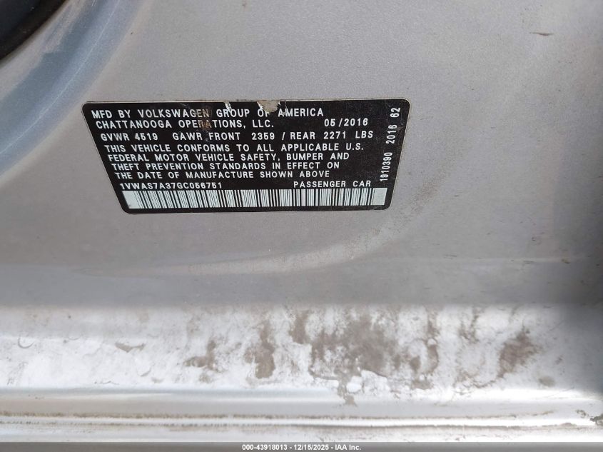 2016 Volkswagen Passat 1.8T R-Line VIN: 1VWAS7A37GC056751 Lot: 43918013