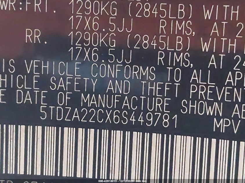 2006 Toyota Sienna Xle Limited VIN: 5TDZA22CX6S449781 Lot: 43918019