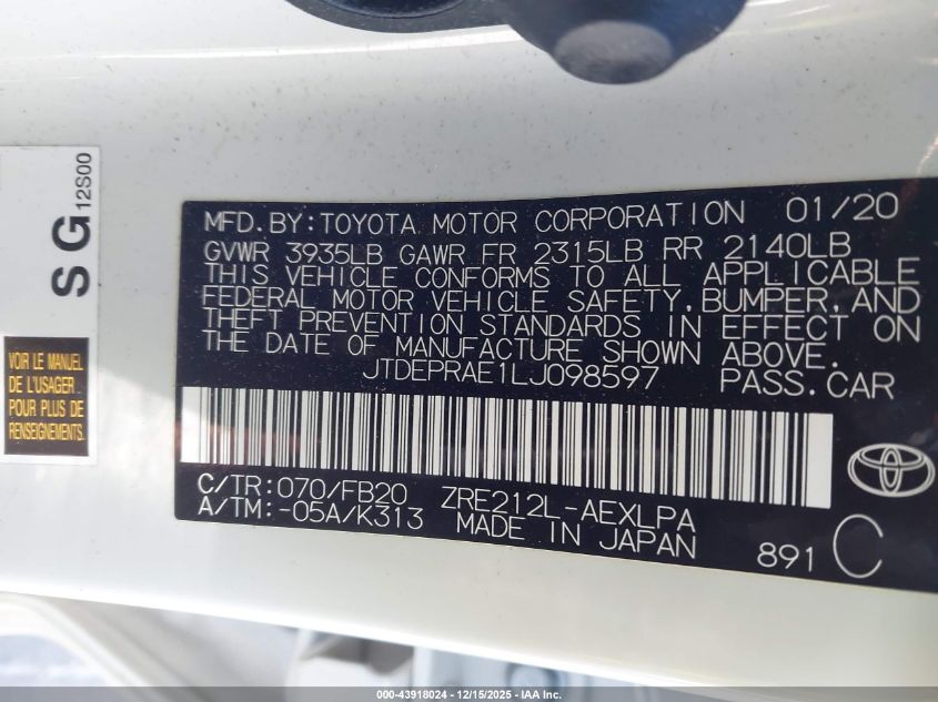 2020 Toyota Corolla Le VIN: JTDEPRAE1LJ098597 Lot: 43918024