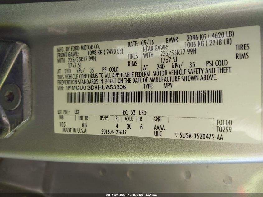 2017 Ford Escape Se VIN: 1FMCU0GD9HUA53306 Lot: 43918026