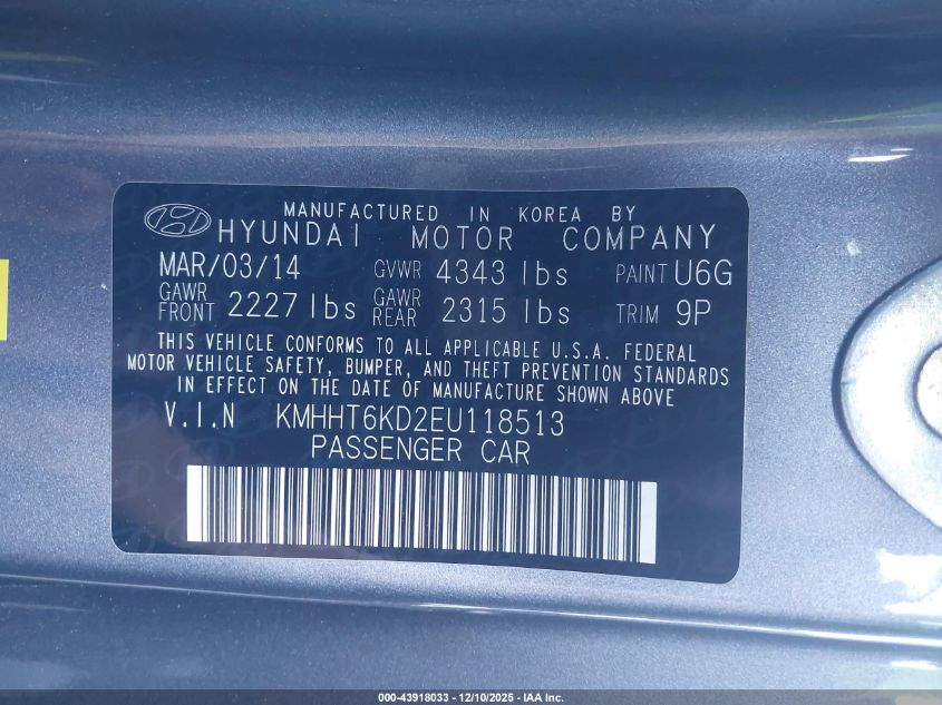 2014 Hyundai Genesis 2.0T VIN: KMHHT6KD2EU118513 Lot: 43918033
