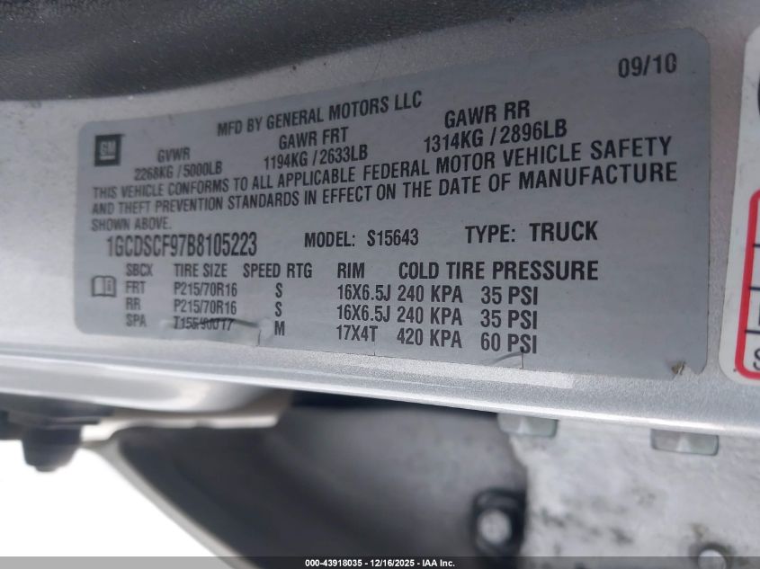 2011 Chevrolet Colorado 1Lt VIN: 1GCDSCF97B8105223 Lot: 43918035