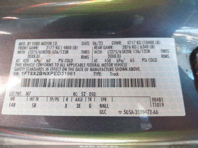 2023 Ford F-250 Lariat VIN: 1FT8X2BNXPED31961 Lot: 43918039