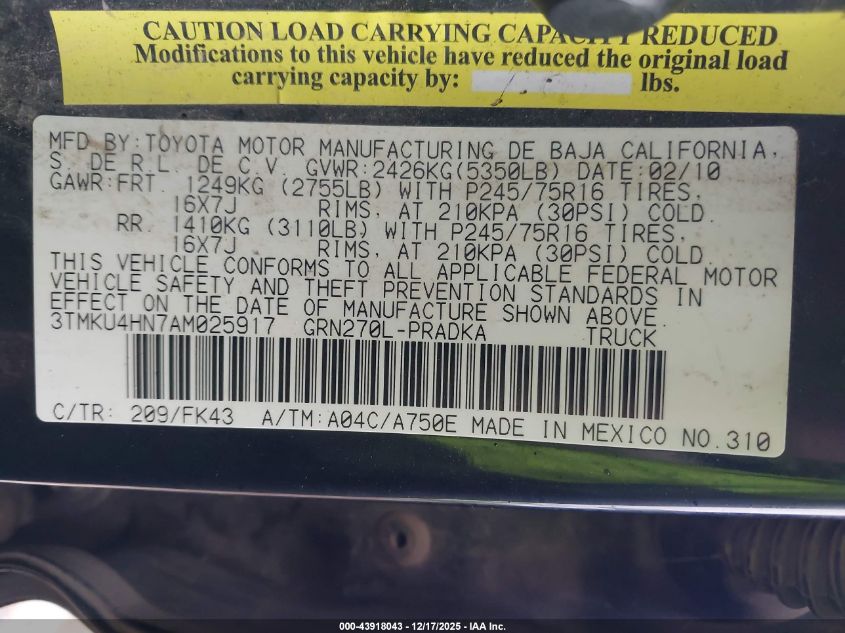 2010 Toyota Tacoma Prerunner V6 VIN: 3TMKU4HN7AM025917 Lot: 43918043