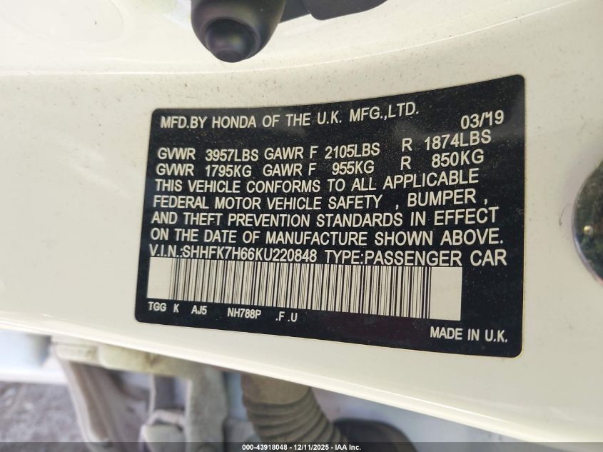 2019 Honda Civic Ex VIN: SHHFK7H66KU220848 Lot: 43918048