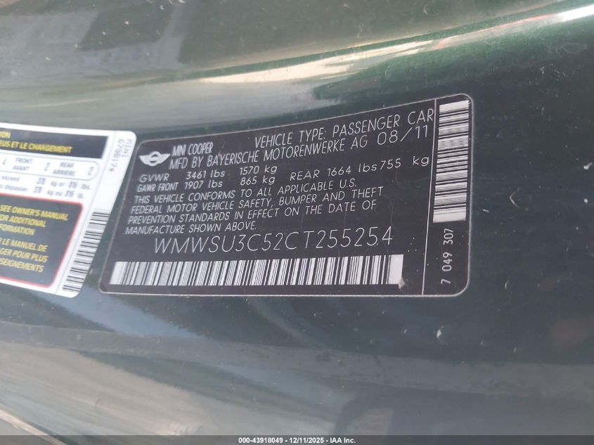 2012 Mini Cooper VIN: WMWSU3C52CT255254 Lot: 43918049