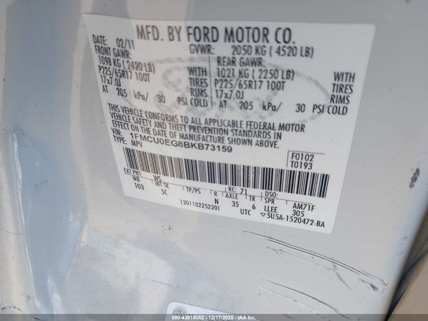 2011 Ford Escape Limited VIN: 1FMCU0EG8BKB73159 Lot: 43918052