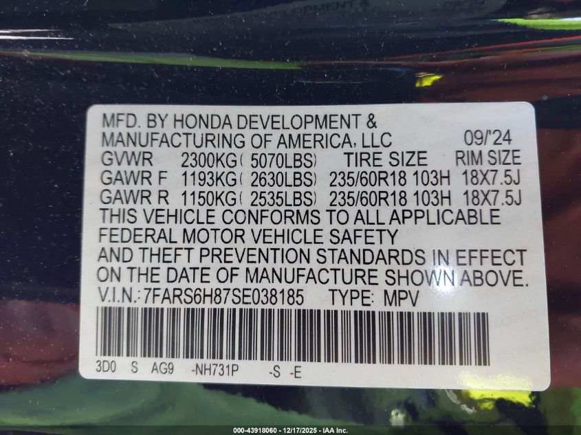 2025 Honda Cr-V Hybrid Sport-L VIN: 7FARS6H87SE038185 Lot: 43918060