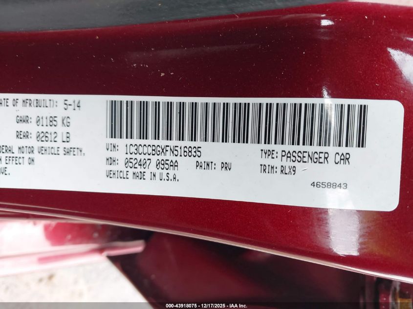 2015 Chrysler 200 S VIN: 1C3CCCBGXFN516835 Lot: 43918075