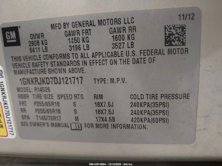 2013 Chevrolet Traverse 2Lt VIN: 1GNKRJKD7DJ121717 Lot: 43918084