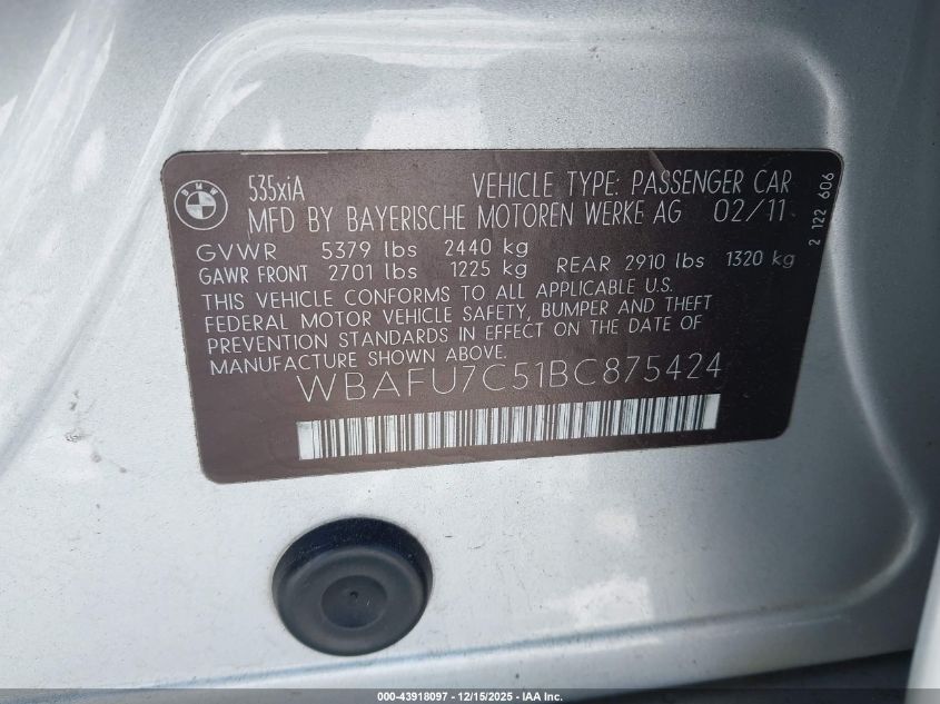 2011 BMW 535I xDrive VIN: WBAFU7C51BC875424 Lot: 43918097