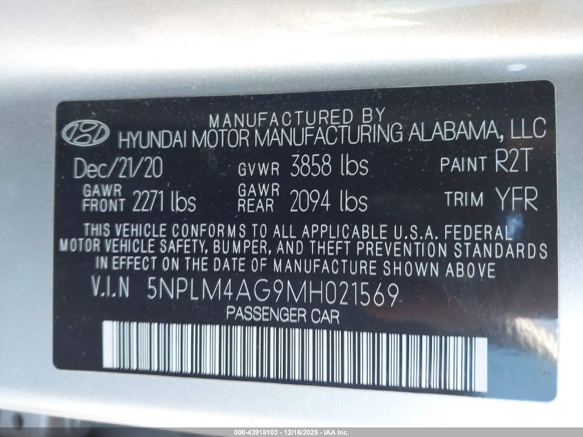 2021 Hyundai Elantra Sel VIN: 5NPLM4AG9MH021569 Lot: 43918103