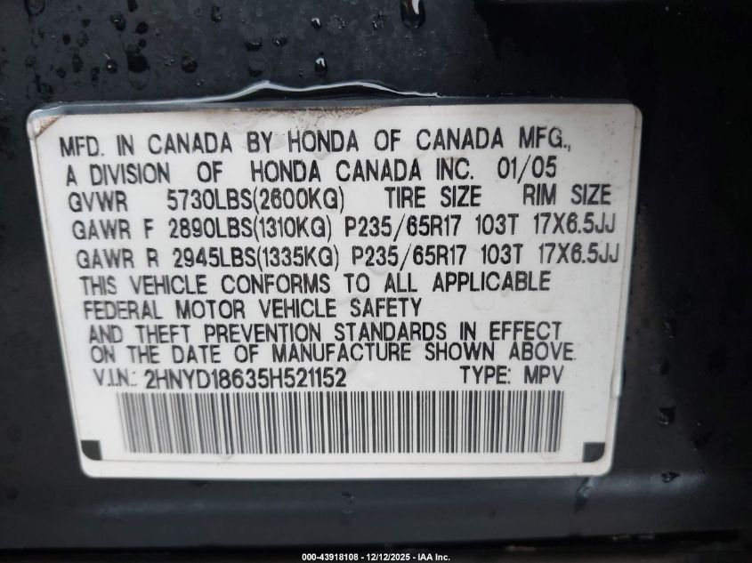 2005 Acura Mdx VIN: 2HNYD18635H521152 Lot: 43918108