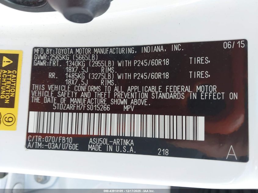 2015 Toyota Highlander Le VIN: 5TDZARFH7FS015266 Lot: 43918109