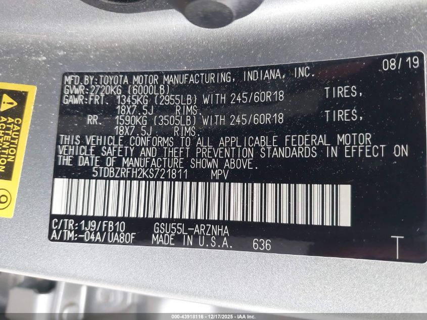 2019 Toyota Highlander Le VIN: 5TDBZRFH2KS721811 Lot: 43918116