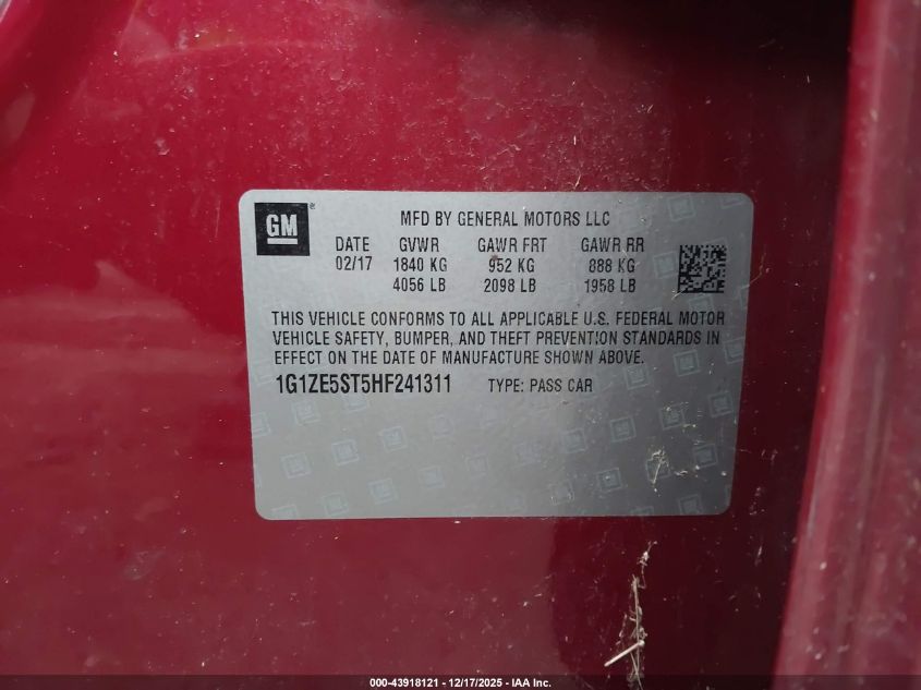 2017 Chevrolet Malibu 1Lt VIN: 1G1ZE5ST5HF241311 Lot: 43918121