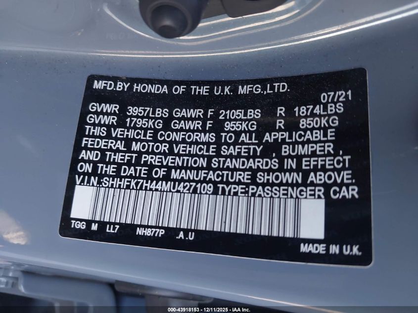 2021 Honda Civic Sport VIN: SHHFK7H44MU427109 Lot: 43918153