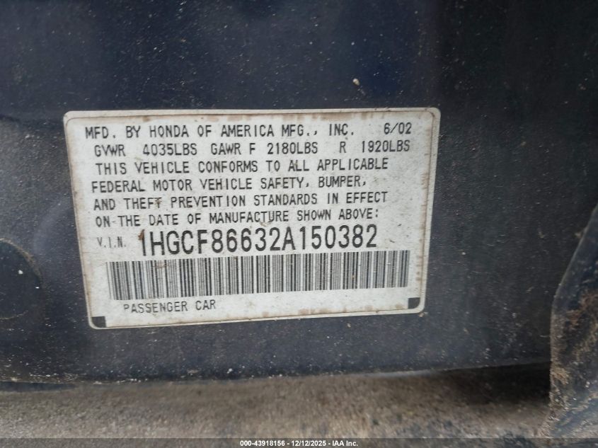 2002 Honda Accord 2.3 Vp VIN: 1HGCF86632A150382 Lot: 43918156