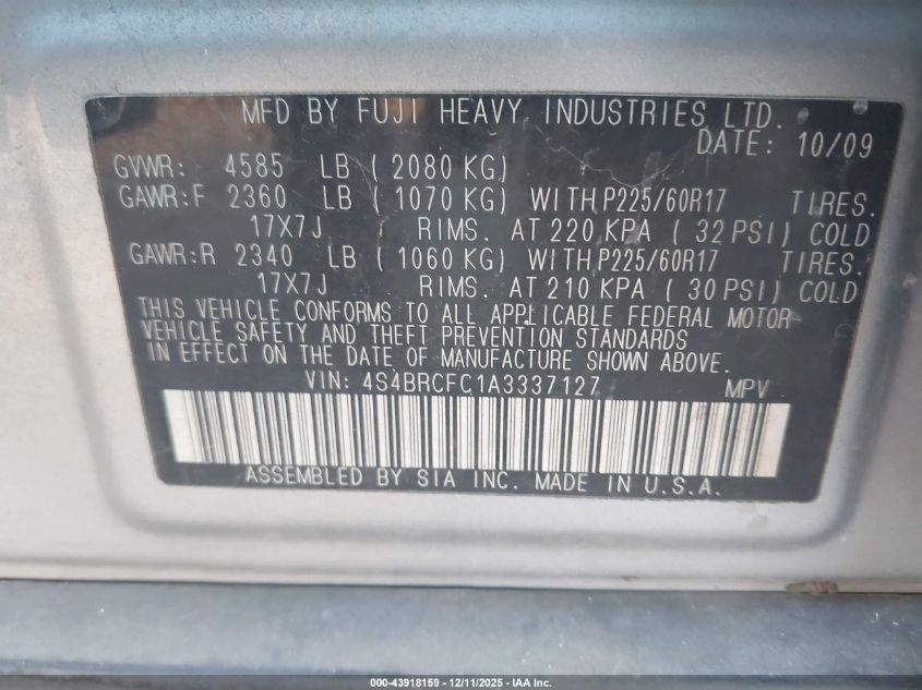 2010 Subaru Outback 2.5I Premium VIN: 4S4BRCFC1A3337127 Lot: 43918159