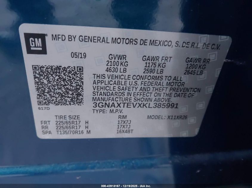 2019 Chevrolet Equinox Lt VIN: 3GNAXTEVXKL385991 Lot: 43918167