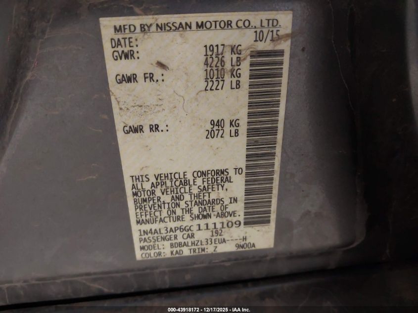 2016 Nissan Altima 2.5 Sr VIN: 1N4AL3AP6GC111109 Lot: 43918172