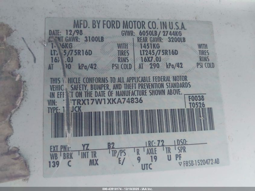 1999 Ford F-150 Lariat/Work Series/Xl/Xlt VIN: 1FTRX17W1XKA74836 Lot: 43918174