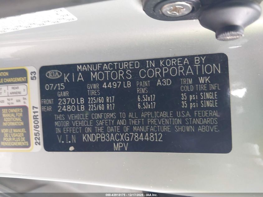 2016 Kia Sportage Lx VIN: KNDPB3ACXG7844812 Lot: 43918175