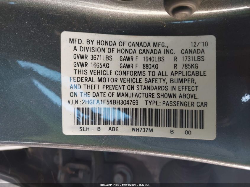 2011 Honda Civic Lx VIN: 2HGFA1F54BH304769 Lot: 43918182