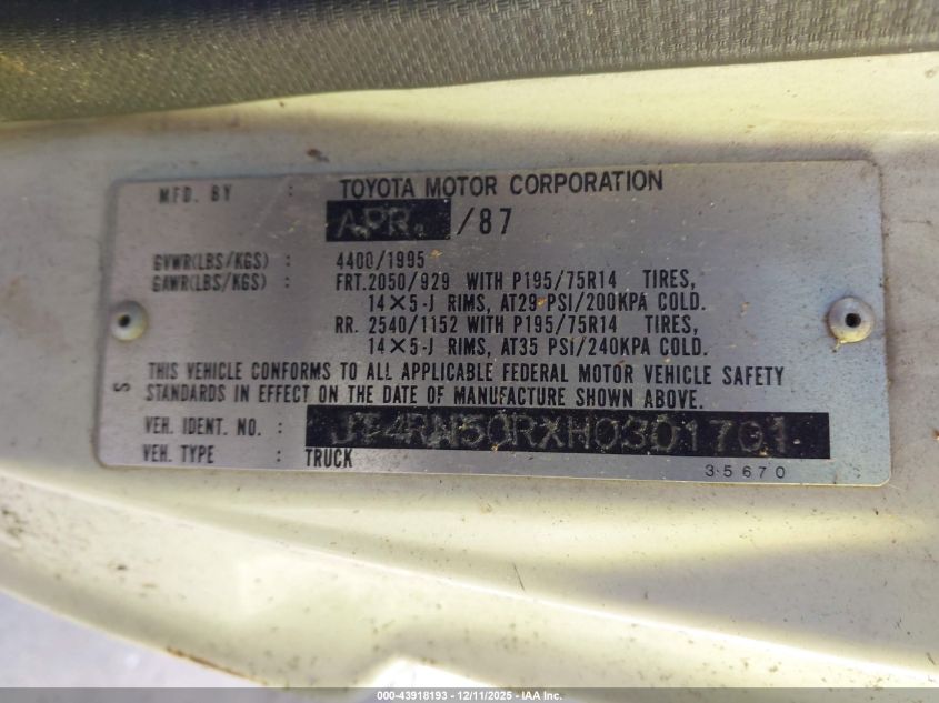 1987 Toyota Pickup 1/2 Ton Rn50 VIN: JT4RN50RXH0301701 Lot: 43918193