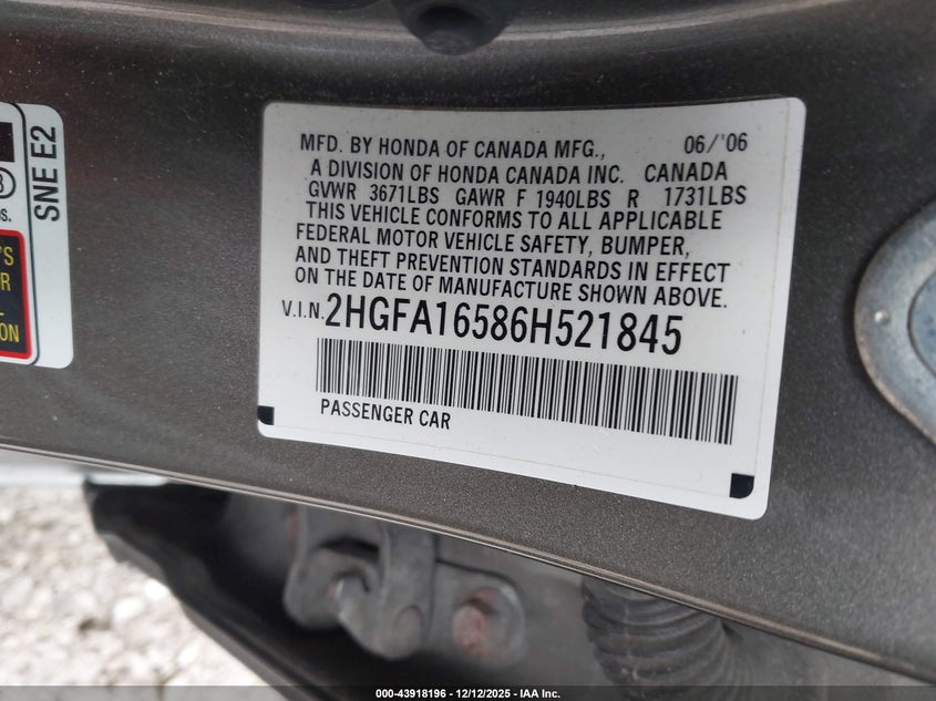 2HGFA16586H521845 2006 HONDA CIVIC photo no. 9