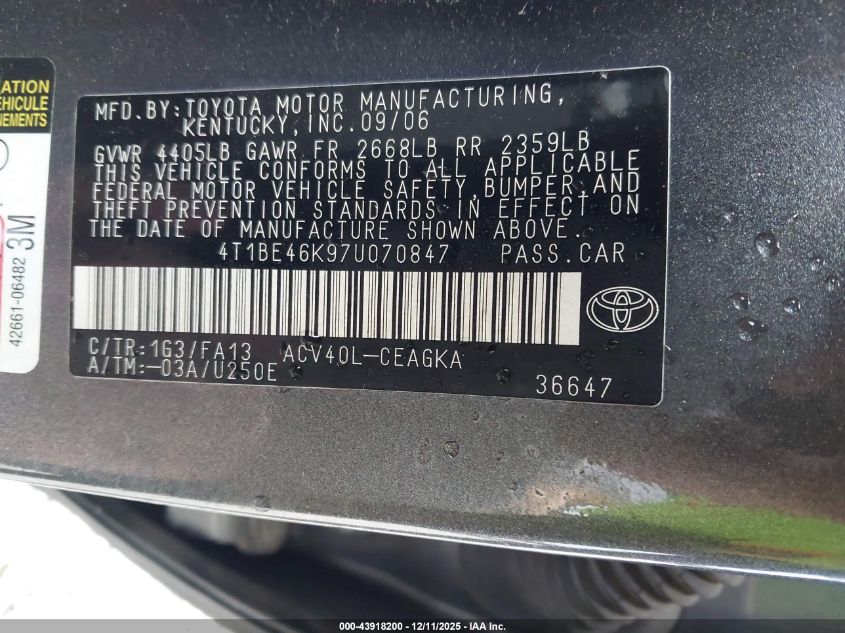 2007 Toyota Camry Xle VIN: 4T1BE46K97U070847 Lot: 43918200