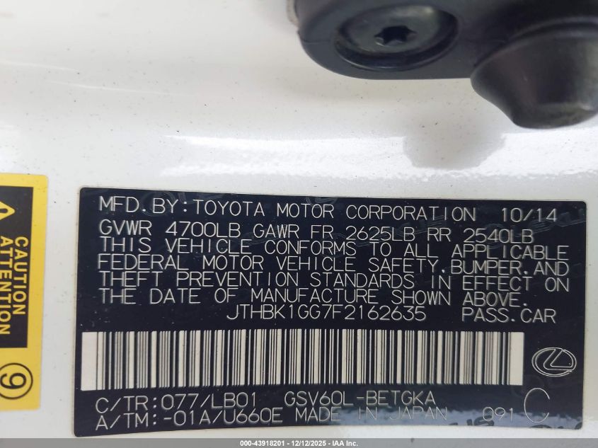 2015 Lexus Es 350 VIN: JTHBK1GG7F2162635 Lot: 43918201