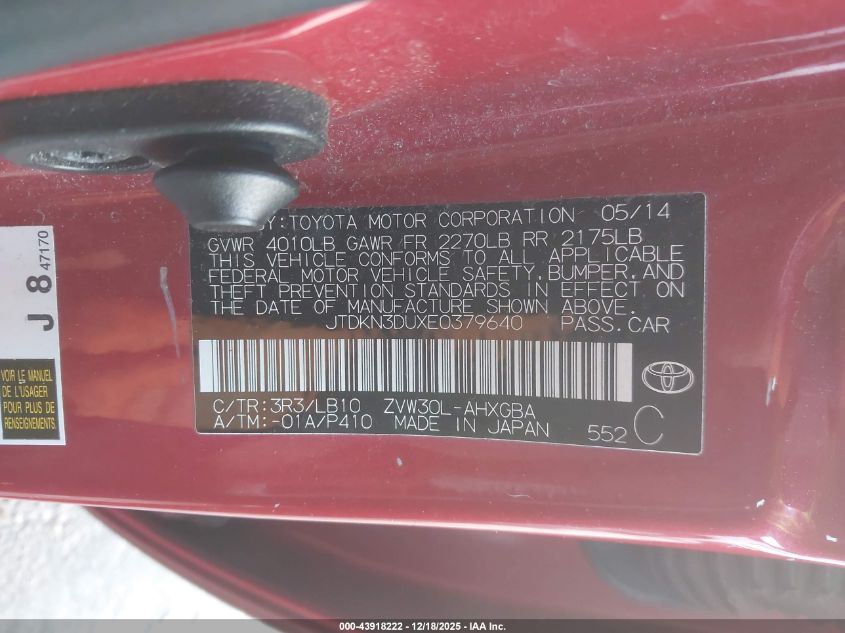 2014 Toyota Prius Four VIN: JTDKN3DUXE0379640 Lot: 43918222