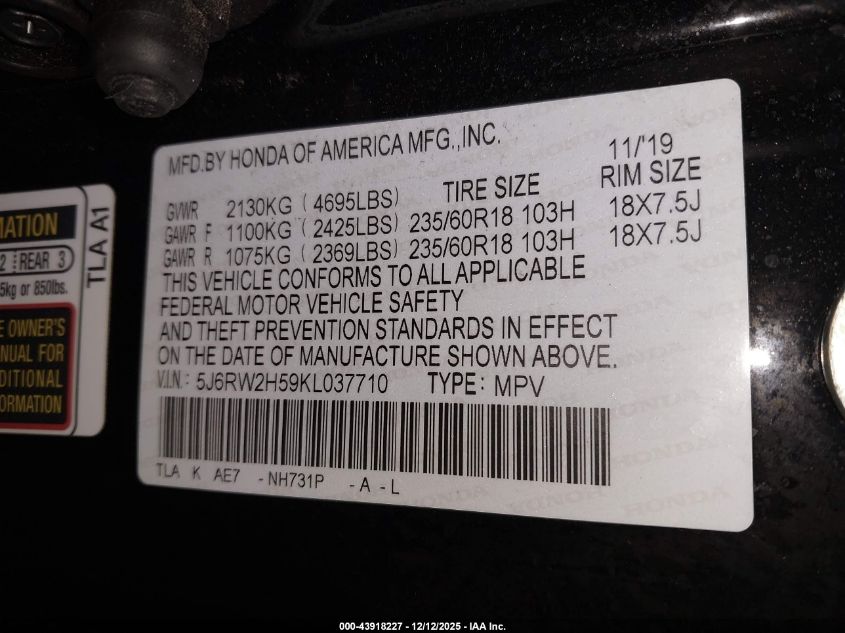 2019 Honda Cr-V Ex VIN: 5J6RW2H59KL037710 Lot: 43918227