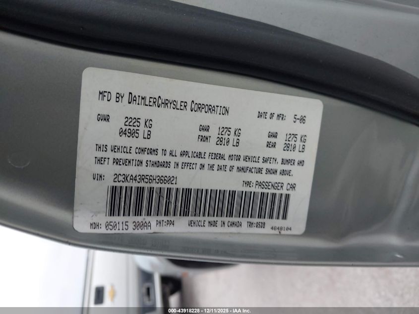 2006 Chrysler 300 VIN: 2C3KA43R56H366021 Lot: 43918228