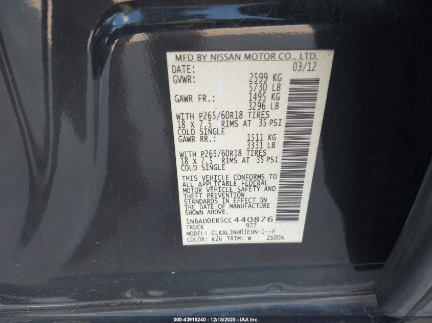 2012 Nissan Frontier Sl VIN: 1N6AD0ER5CC440876 Lot: 43918240