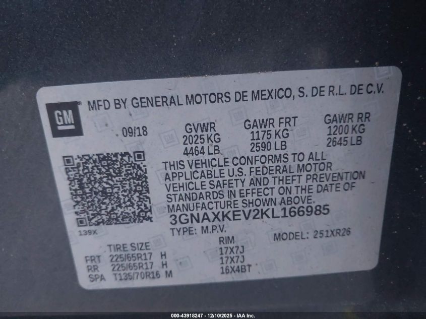 2019 Chevrolet Equinox Lt VIN: 3GNAXKEV2KL166985 Lot: 43918247