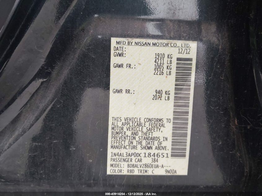 2013 Nissan Altima 2.5 Sl VIN: 1N4AL3AP0DC184651 Lot: 43918254