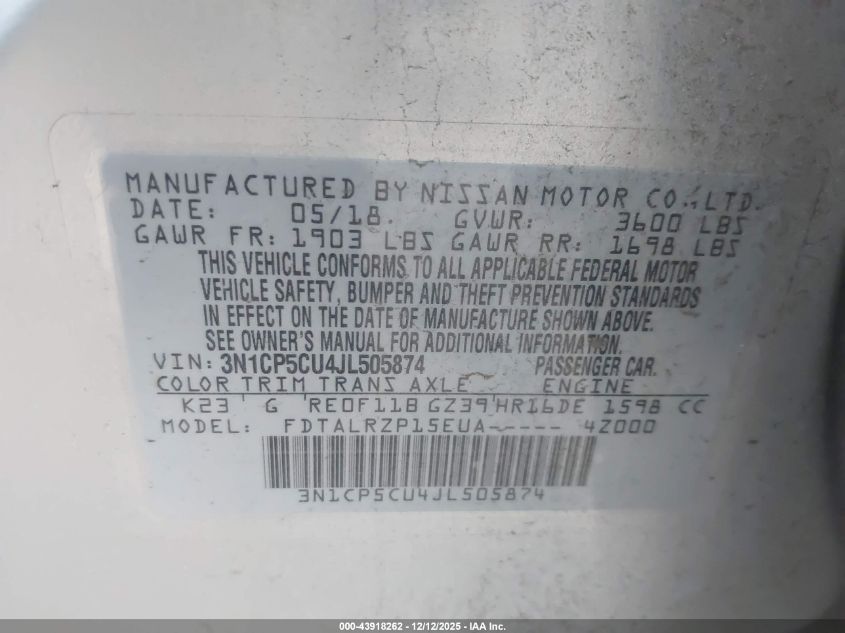 2018 Nissan Kicks S VIN: 3N1CP5CU4JL505874 Lot: 43918262