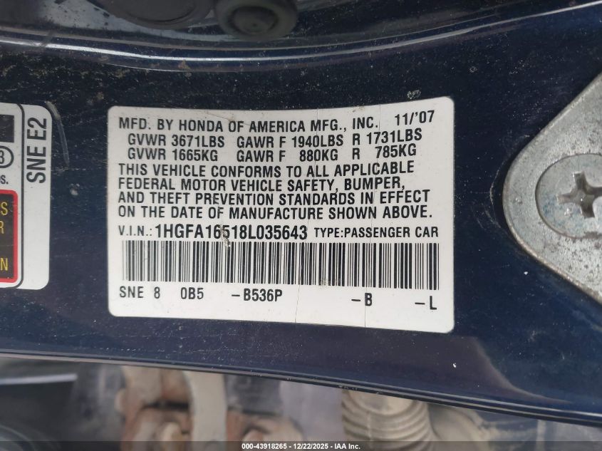 2008 Honda Civic Lx VIN: 1HGFA16518L035643 Lot: 43918265