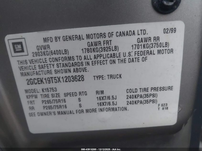 1999 Chevrolet Silverado 1500 Ls VIN: 2GCEK19T5X1203628 Lot: 43918269
