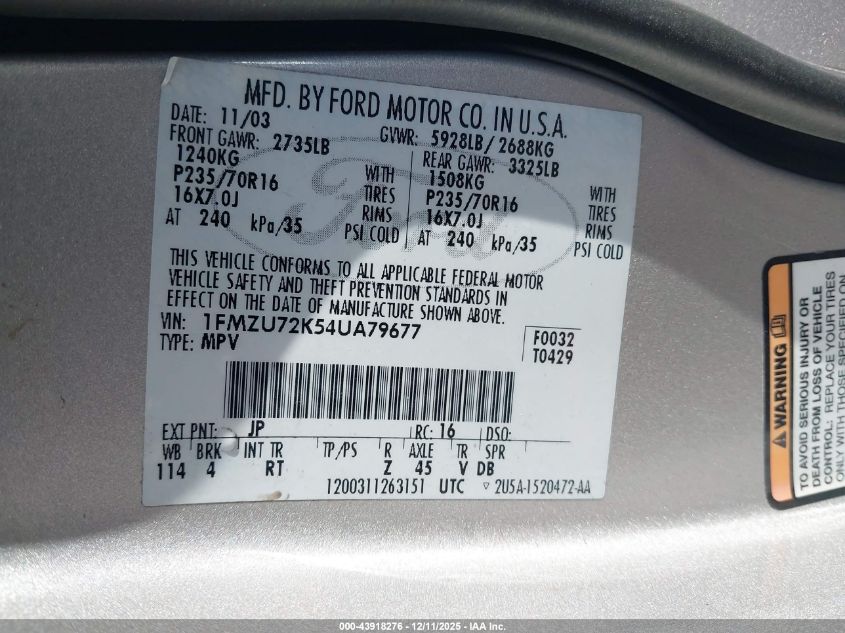 2004 Ford Explorer Xls VIN: 1FMZU72K54UA79677 Lot: 43918276