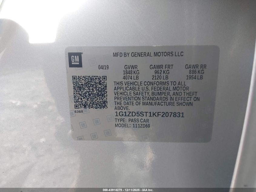 2019 Chevrolet Malibu Lt VIN: 1G1ZD5ST1KF207831 Lot: 43918279