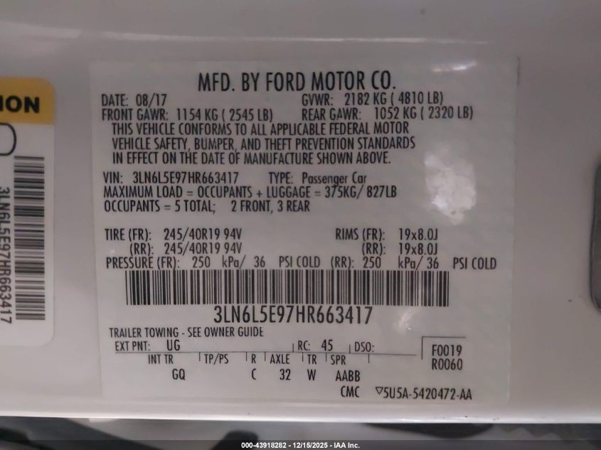 2017 Lincoln Mkz Reserve VIN: 3LN6L5E97HR663417 Lot: 43918282