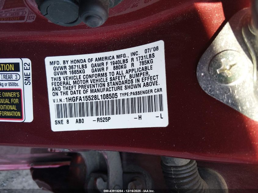2008 Honda Civic Lx VIN: 1HGFA15528L108505 Lot: 43918284