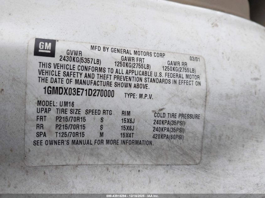 2001 Pontiac Montana M16 W/1Sc Pkg. VIN: 1GMDX03E71D270000 Lot: 43918294