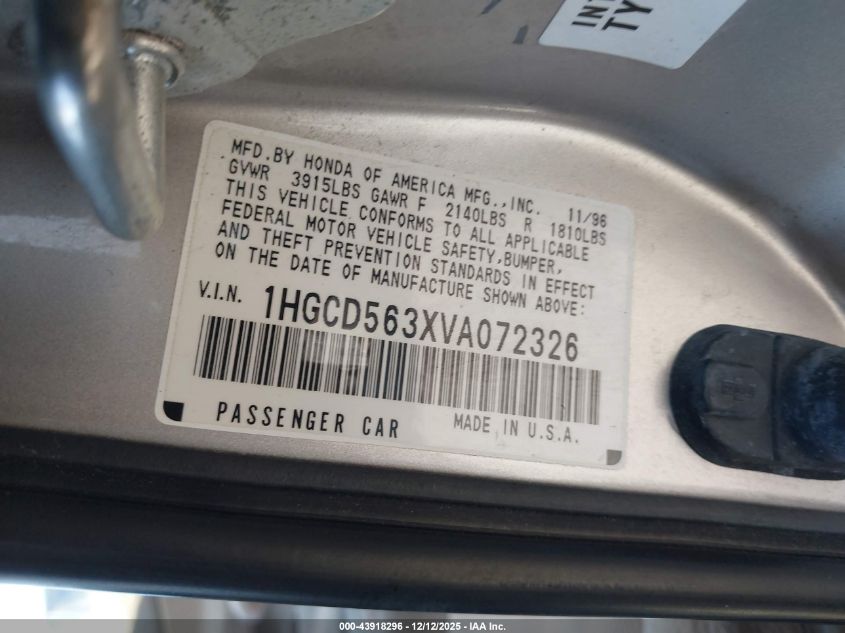 1997 Honda Accord Lx VIN: 1HGCD563XVA072326 Lot: 43918296